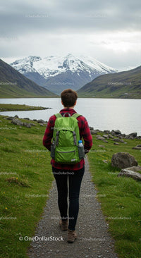 Person Hiking on Scenic Mountain Trail with Snowy Peaks