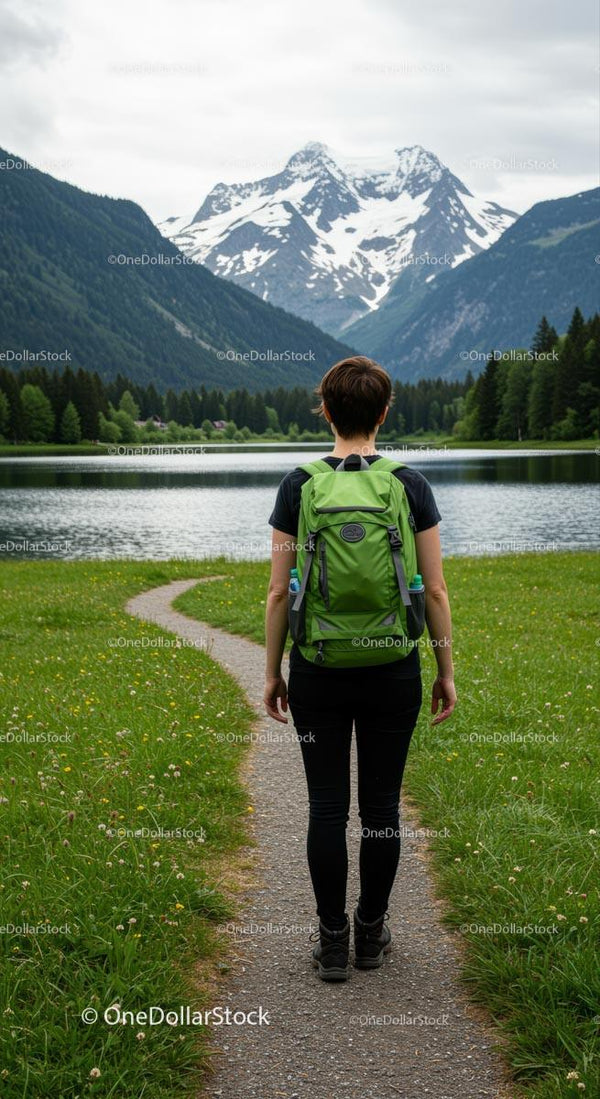 Traveler with Green Backpack Exploring Alpine Lake Path
