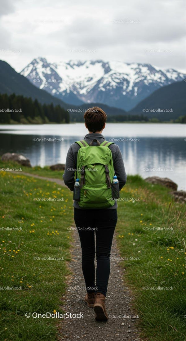 Hiker with Green Backpack on Mountain Trail by Lake
