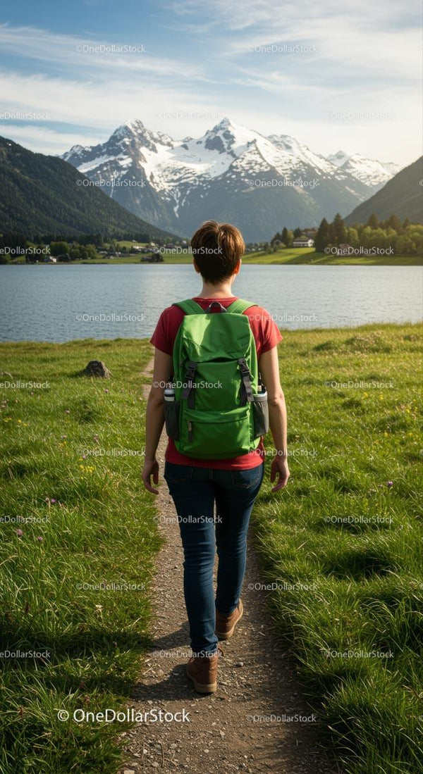 Hiker in Green Field Facing Snow-Capped Mountains