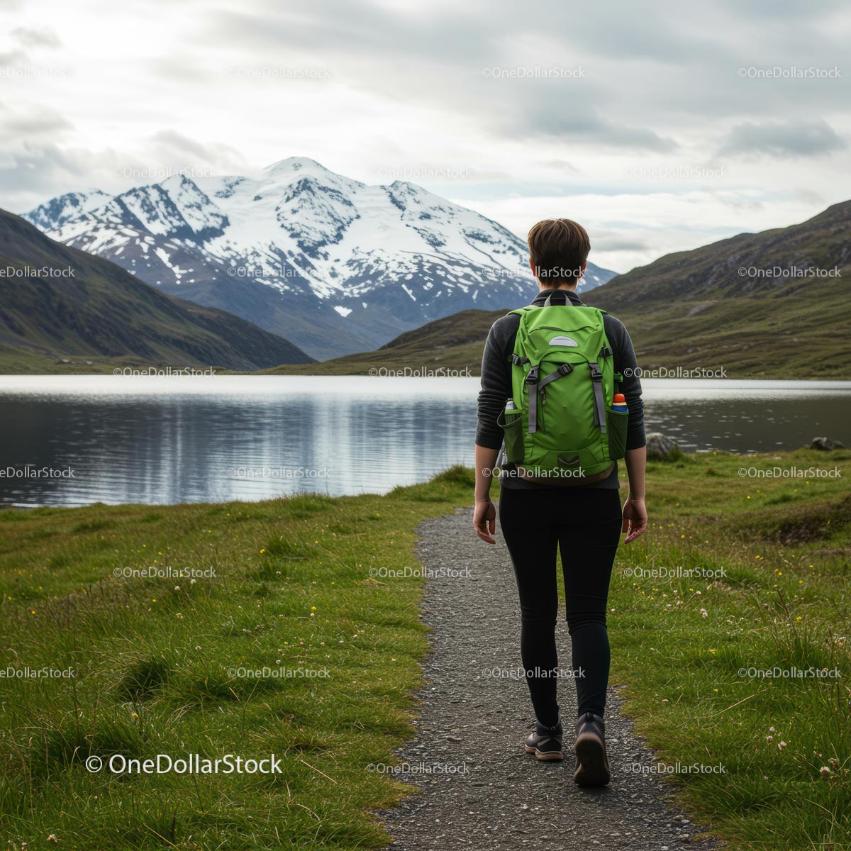 Backpacker on Mountain Trail with Snow-Capped Peaks