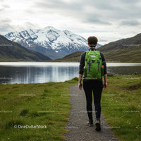 Backpacker on Mountain Trail with Snow-Capped Peaks