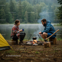 Couple Enjoying Campfire by a Forest Lake