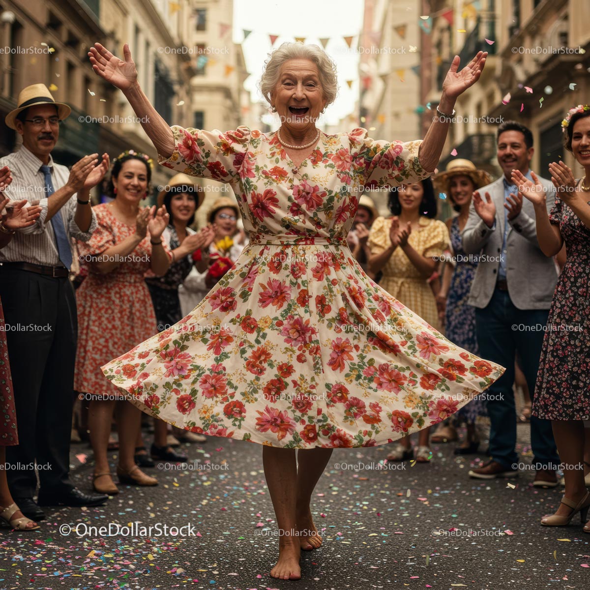 Elderly Woman Dancing Joyfully at a Street Festival