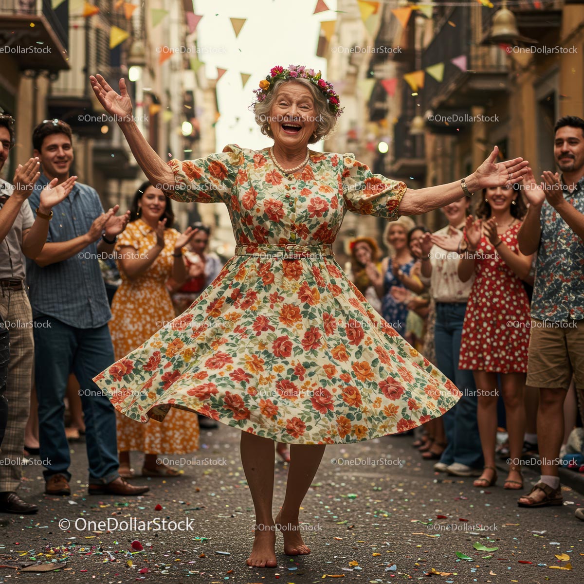 Elderly Woman Dancing Joyfully at a Vibrant Street Festival
