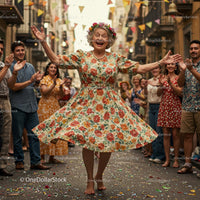 Elderly Woman Dancing Joyfully at a Vibrant Street Festival