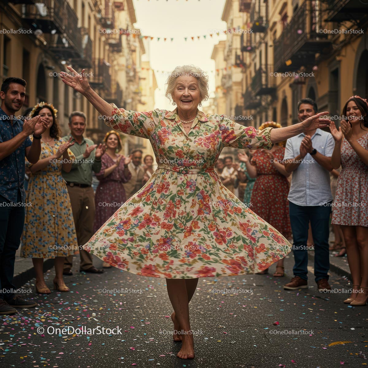 Elderly Woman Joyfully Dancing in Floral Dress at Street Festival