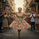 Elderly Woman Joyfully Dancing in Floral Dress at Street Festival
