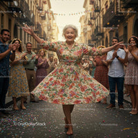 Elderly Woman Joyfully Dancing in Floral Dress at Street Festival