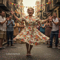 Elderly Woman Dancing at Colorful Street Festival