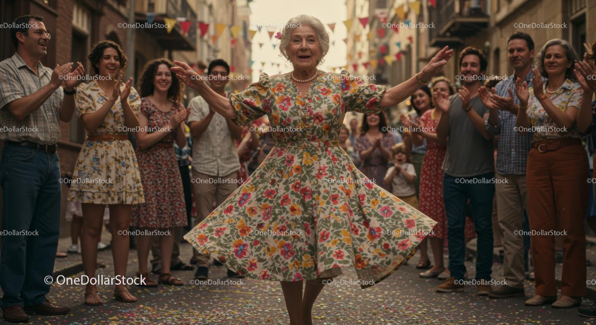 Elderly Woman Joyfully Dancing in Street Celebration