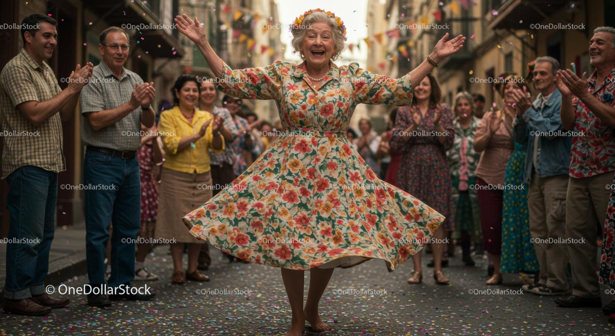 Elderly Woman Dancing Joyfully at Street Festival