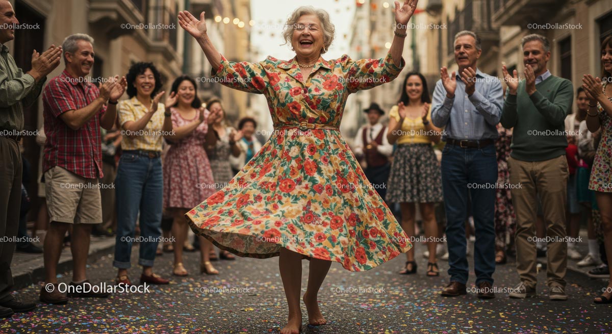 Elderly Woman Dancing Joyfully at Street Festival