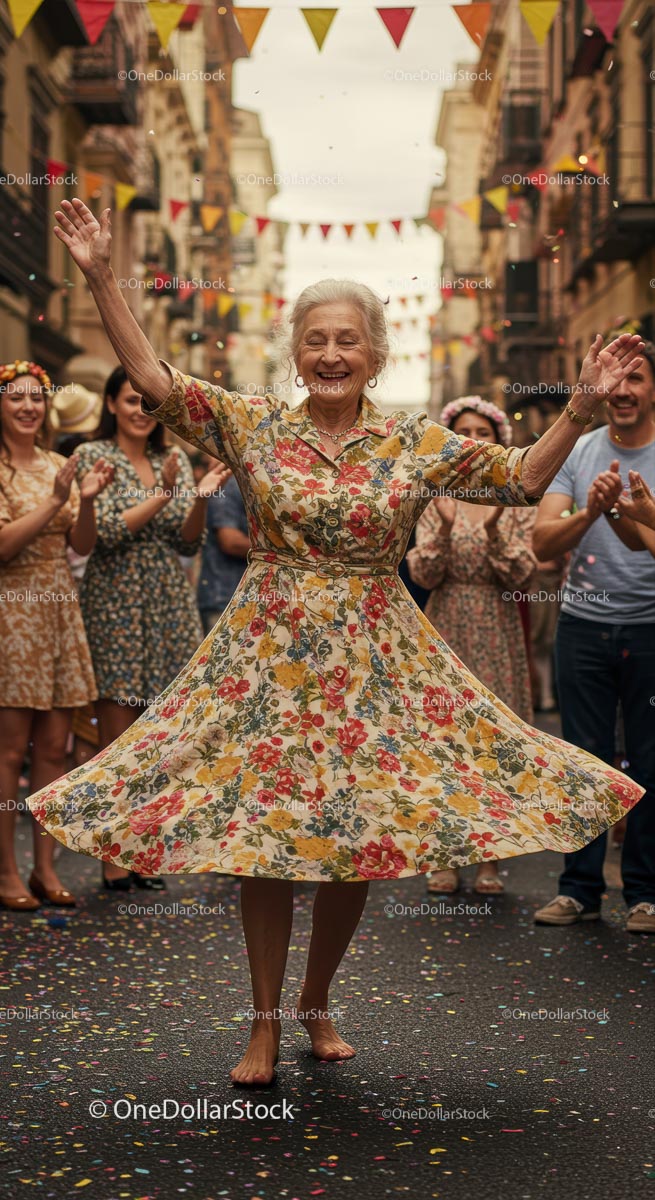 Elderly Woman Dancing Joyfully in Floral Dress at Street Festival