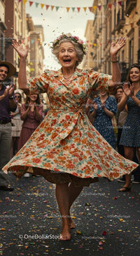 Joyful Elderly Woman Dancing at Lively Street Festival
