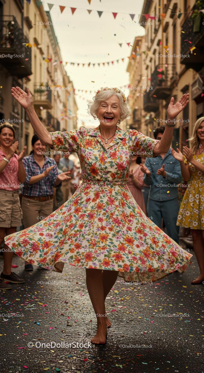 Elderly Woman Dancing Joyfully in a Street Celebration