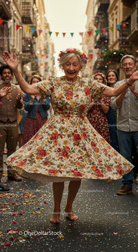 Elderly Woman Dancing Joyfully in Floral Dress at Street Festival