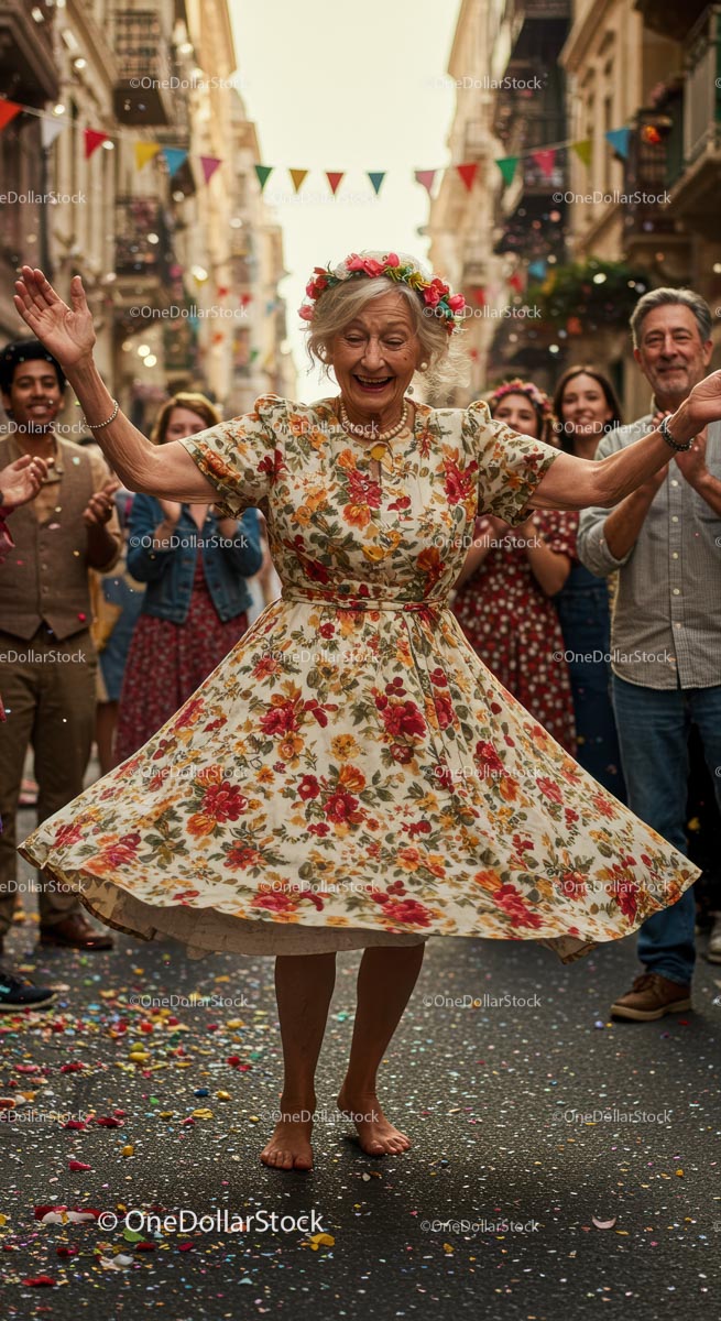 Elderly Woman Dancing Joyfully in Floral Dress at Street Festival