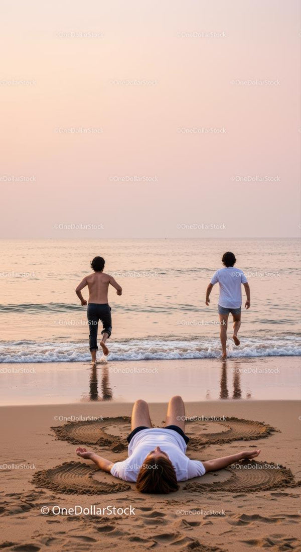 Przyjaciele cieszący się relaksującym zachodem słońca na plaży