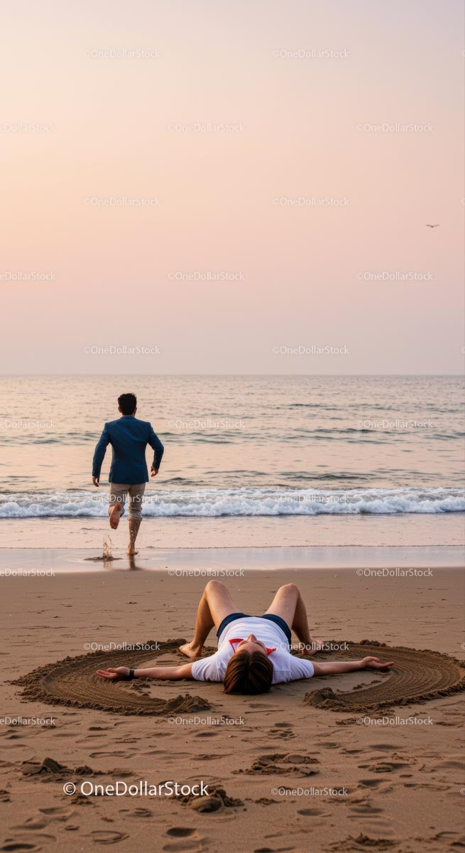Relaksująca się para na piaszczystej plaży o zachodzie słońca