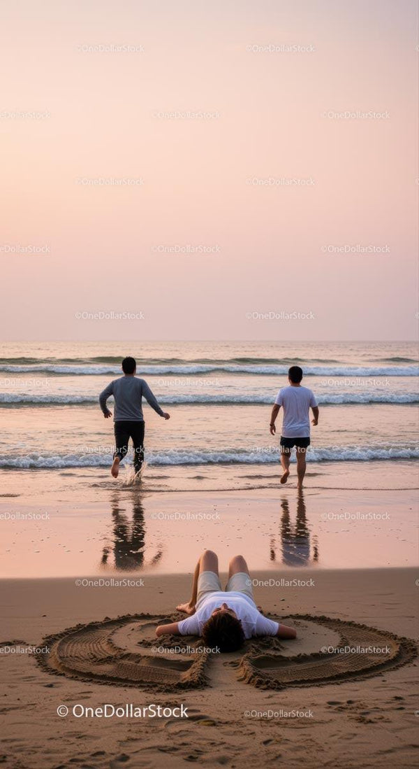 Dwóch mężczyzn biegnących ku zachodzącemu słońcu na piaszczystej plaży