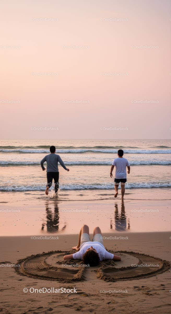 Dwóch mężczyzn biegnących w stronę zachodu słońca na piaszczystej plaży