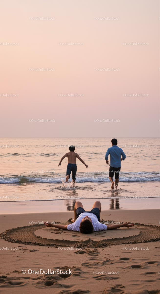 Relaksujący wieczór na plaży o zachodzie słońca i falach oceanu