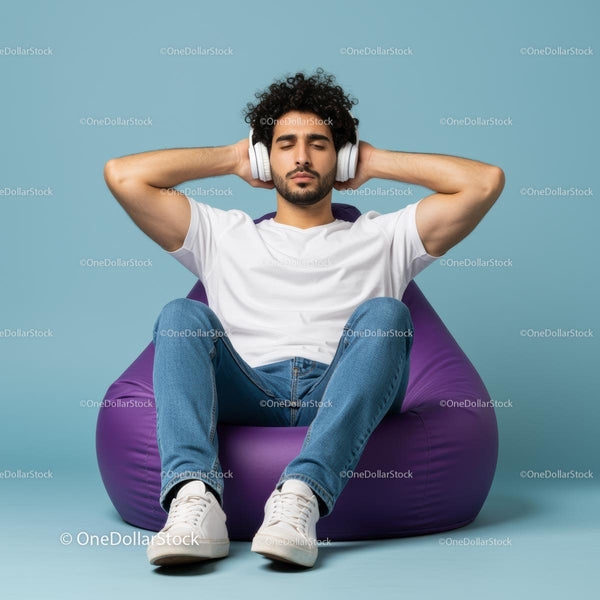Relaxed Man Listening to Music on a Purple Bean Bag