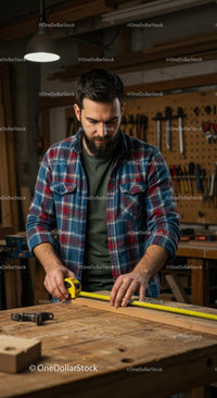 Skilled Carpenter Measuring Wood in a Workshop