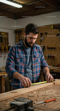 Skilled Carpenter Measuring Wood in Workshop