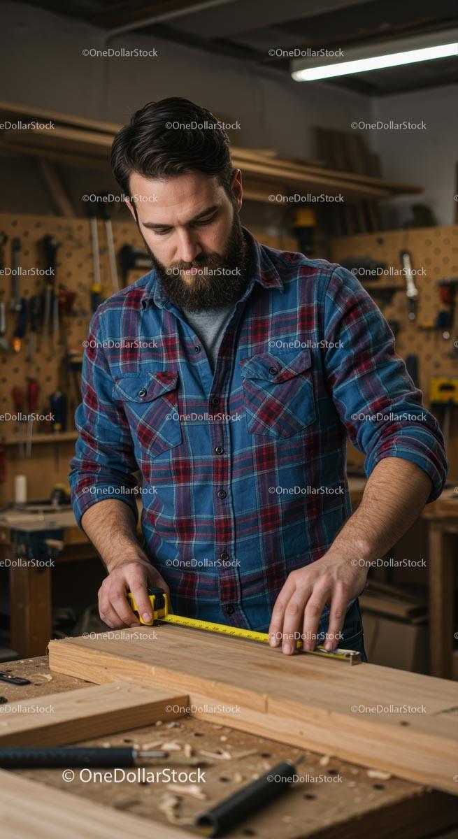 Skilled Carpenter Measuring Wood in Workshop