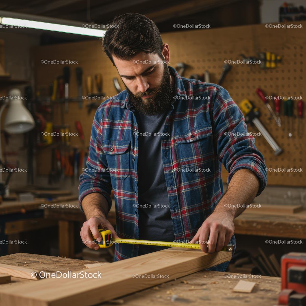 Skilled Craftsman Measuring Wood in Workshop
