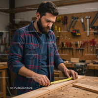 Skilled Craftsman Measuring Wood in Workshop