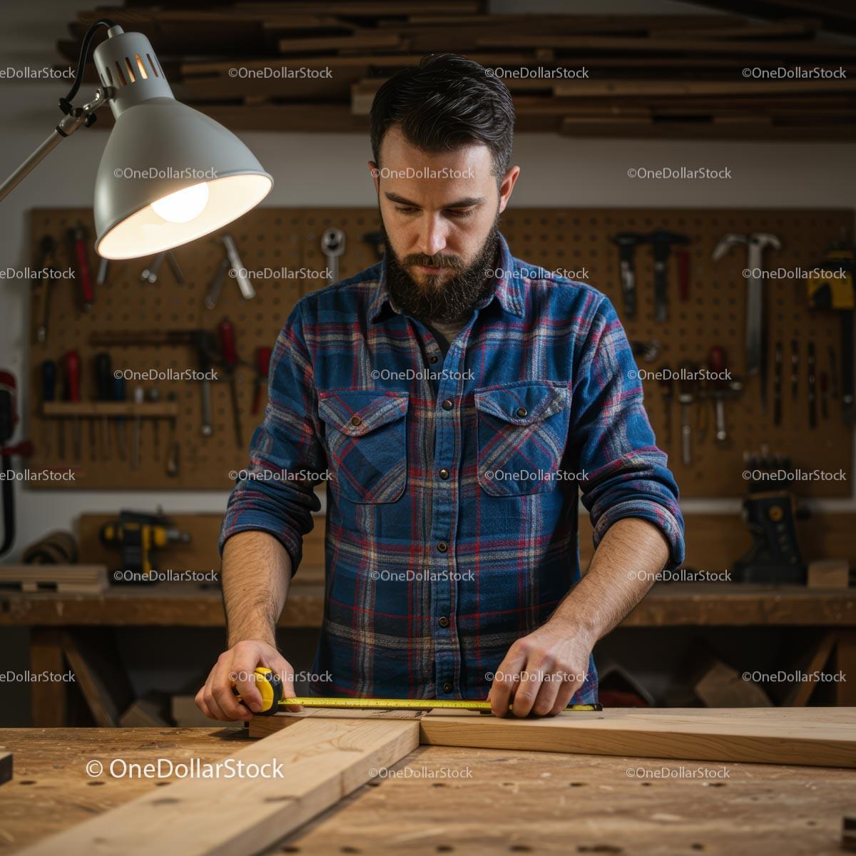 Carpenter Measuring Wood in Workshop