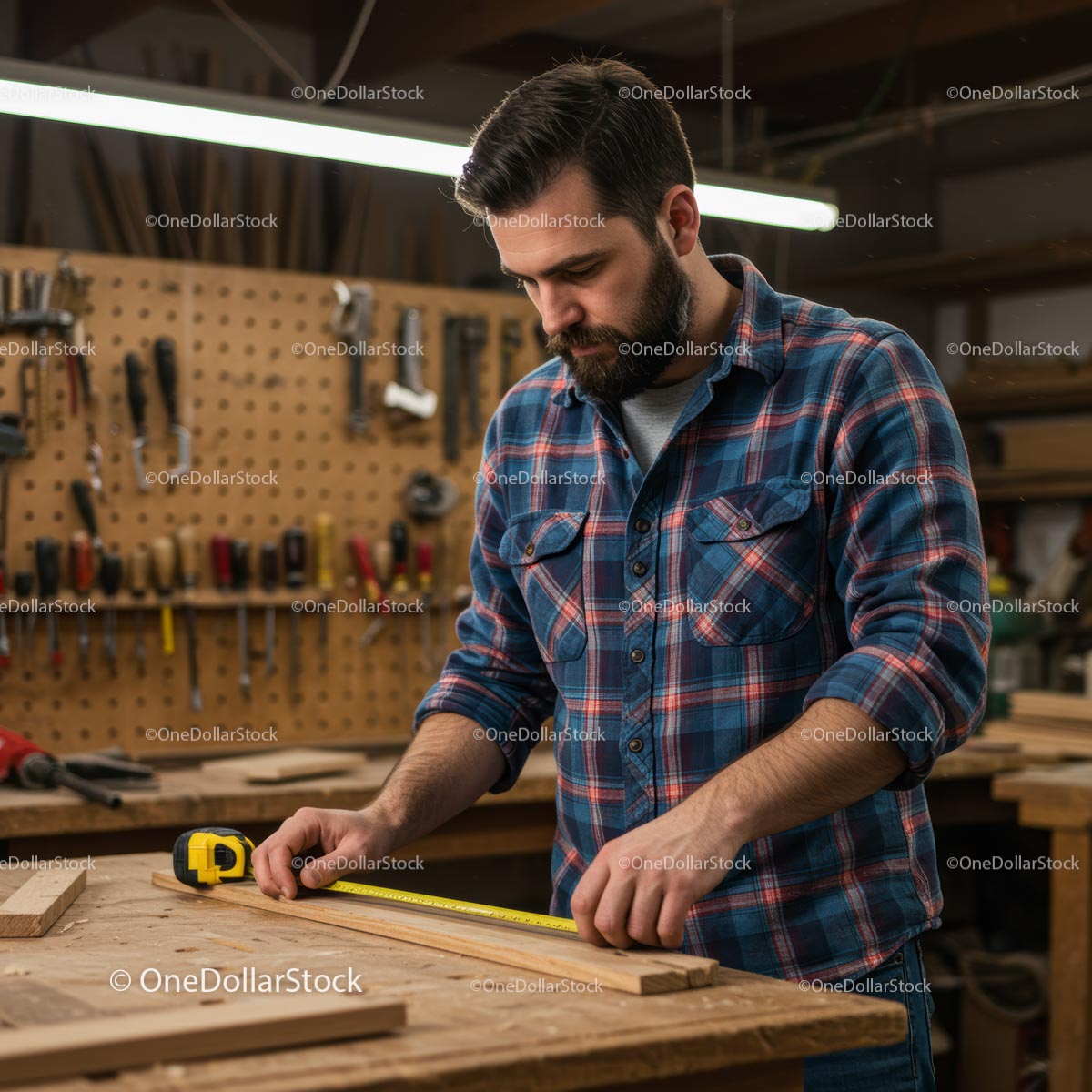 Focused Carpenter Measuring Wood in a Workshop