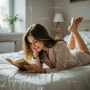 Young Woman Reading Coly in Bed on a Sunny Morning