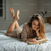 Young Woman Relaxing with a Book in Cozy Bedroom Setting