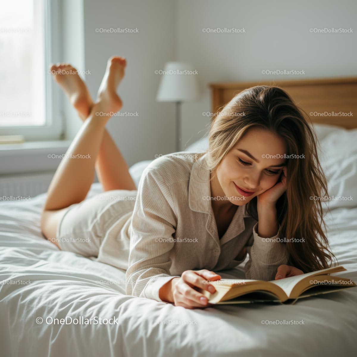 Woman Reading a Book in Cozy Bedroom Setting
