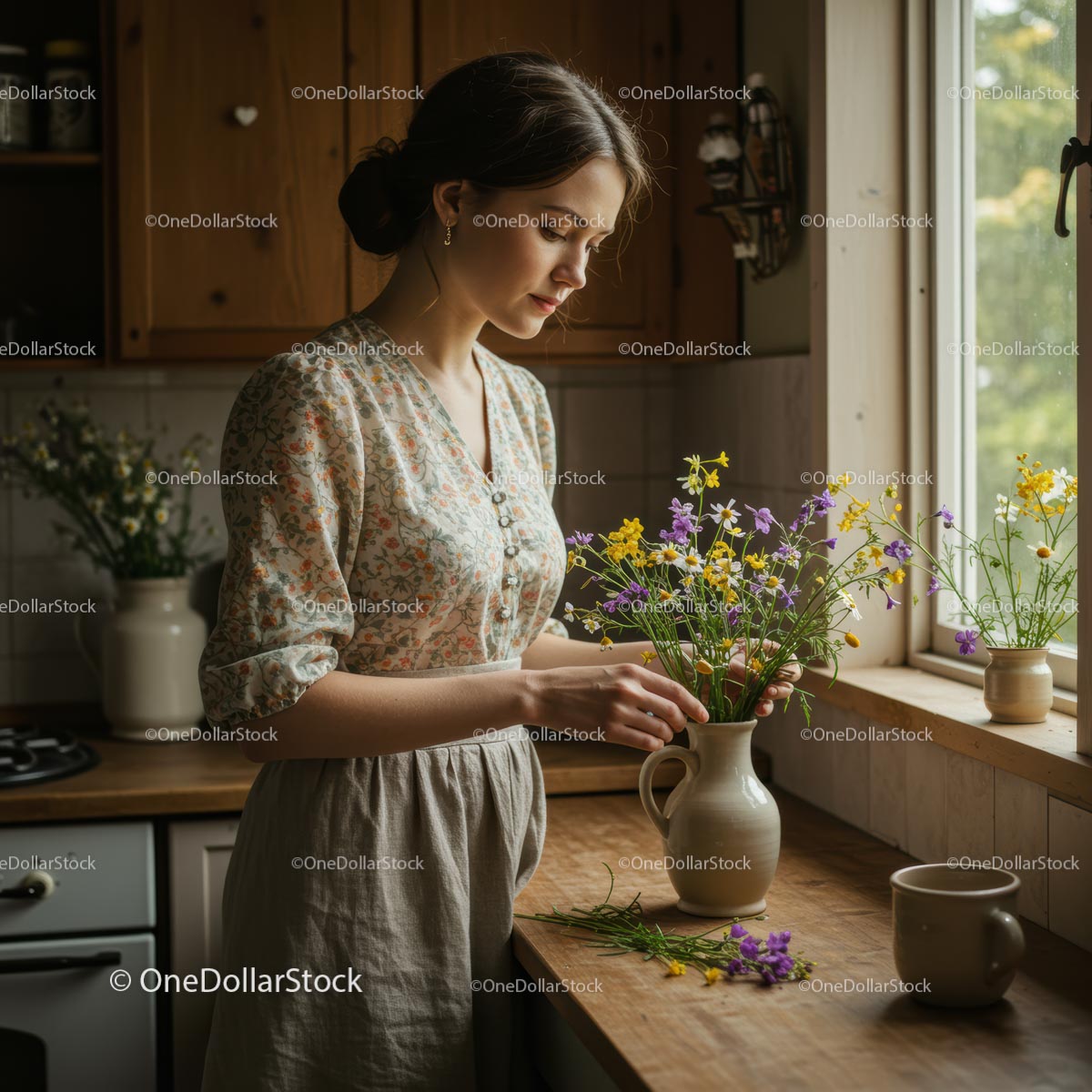 Woman Arranging Wildflowers in a Sunlit Kitchen