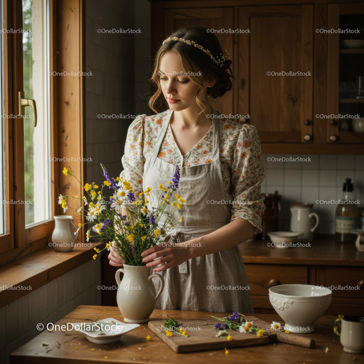 Woman Arranging Lavender and Wildflowers in Rustic Kitchen