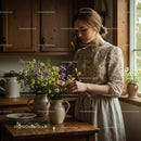 Woman Arranging Wildflowers in Rustic Kitchen