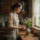 Woman Arranging Daisies and Purple Flowers in Rustic Kitchen