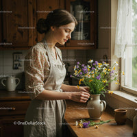 Woman Arranging Daisies and Purple Flowers in Rustic Kitchen