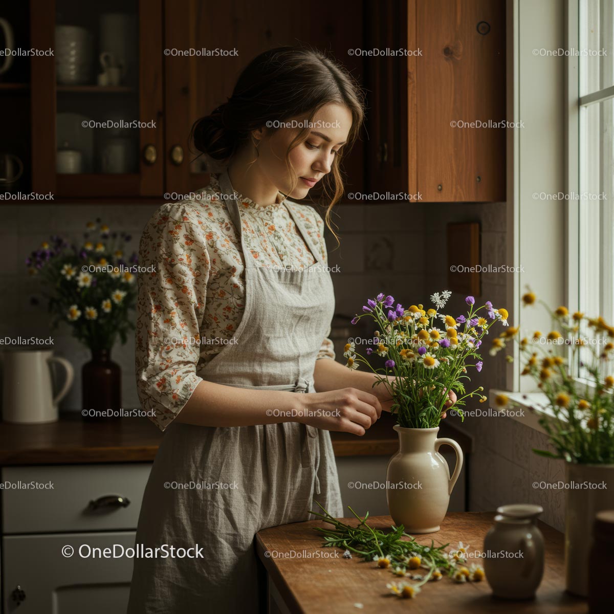 Young Woman Arranging Wildflowers in Rustic Kitchen