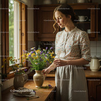 Woman Arranging Wildflowers in Rustic Kitchen