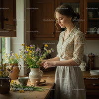 Woman Arranging Wildflowers in Rustic Kitchen
