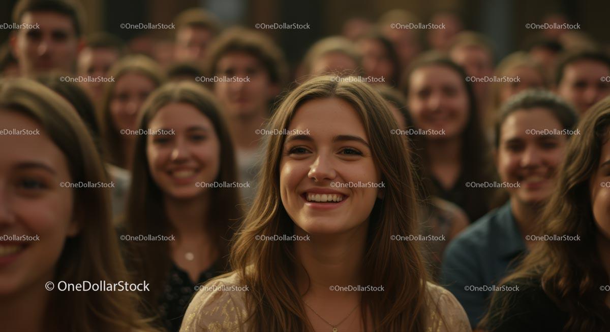 Smiling Young Woman in a Joyful Crowd