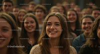 Smiling Young Woman in a Joyful Crowd