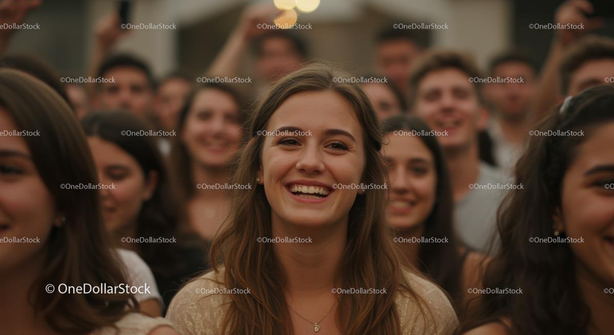 Young Woman Smiling in a Joyful Crowd at Outdoor Event