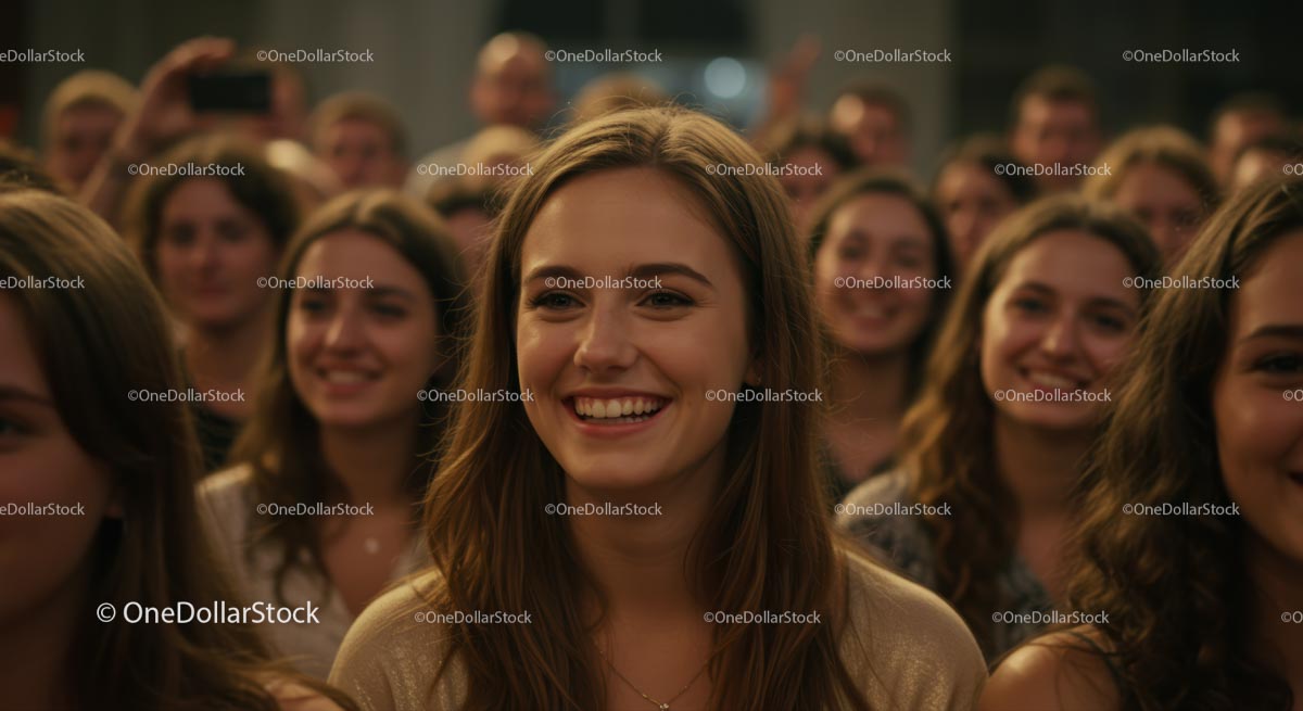Radosna młoda kobieta uśmiechająca się w radosnym tłumie